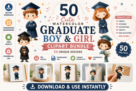 50Watercolor Graduate Boy Girl Bundle