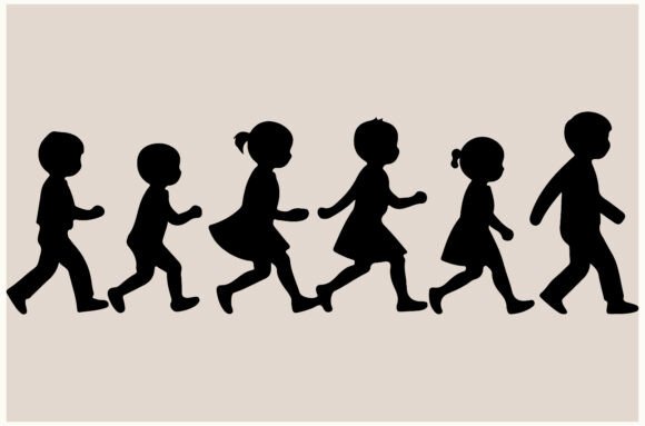 Children Walking in Line Silhouette