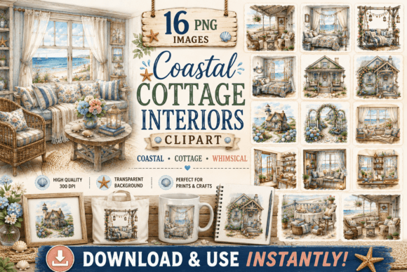Coastal Cottage Interiors Clipart Bundle: Your Creative Shortcut to Effortless Seaside Style