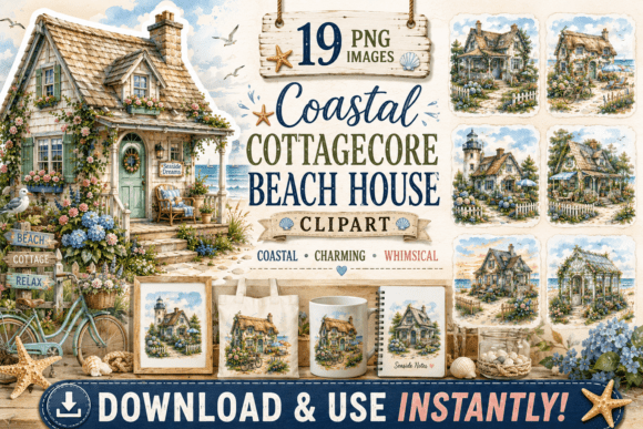 Coastal Cottagecore Beach House Clipart