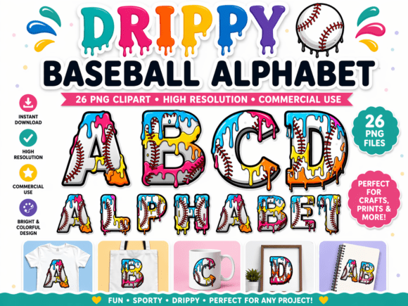 Colorful Drippy Baseball Alphabet A–Z