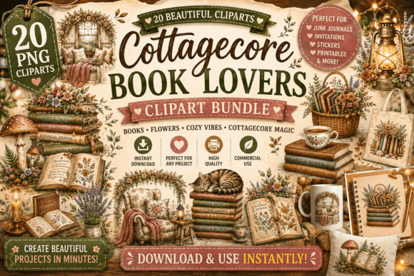 Cottagecore Book Lovers Clipart Bundle