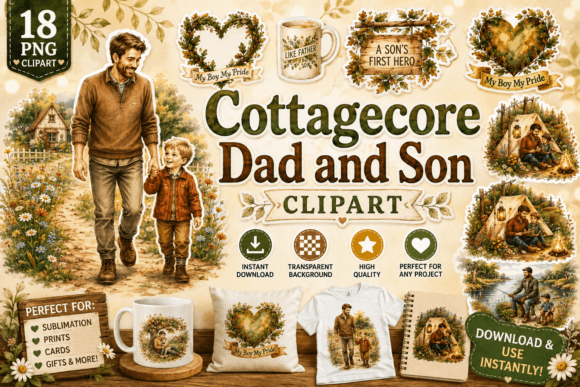 Cottagecore Dad and Son Clipart PNG