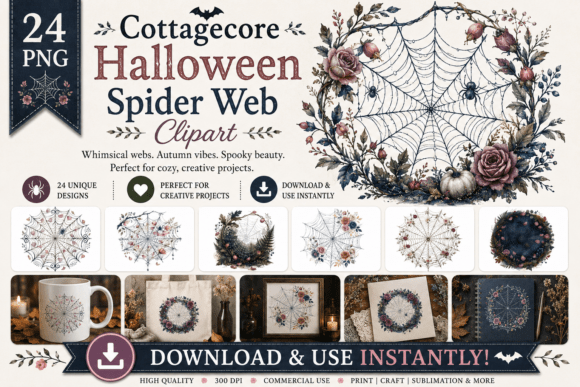 Cottagecore Halloween Spider Web Clipart: Spooky Elegance for Real Creative Projects