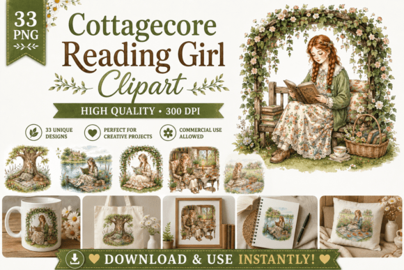 Cottagecore Reading Girl Clipart Bundle: Your Cozy Creative Companion