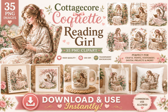 Cottagecore Reading Girl Clipart: Soft, Story-Rich Art for Real Creative Work