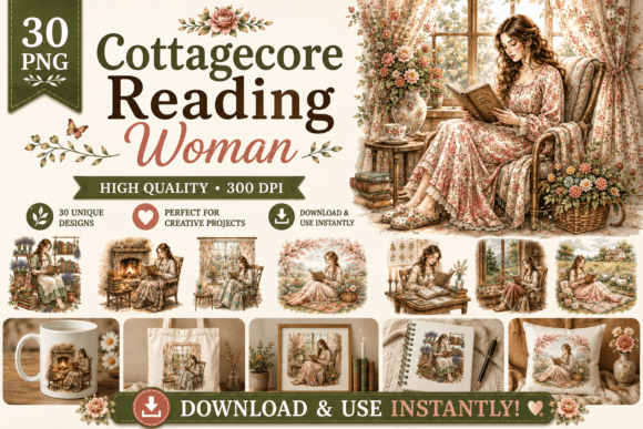 Cottagecore Reading Woman Clipart Bundle