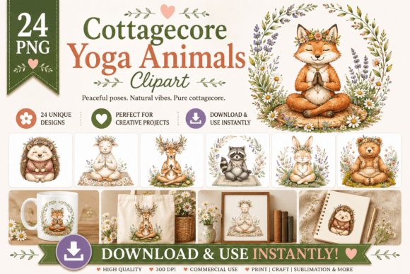 Cottagecore Yoga Animals Clipart