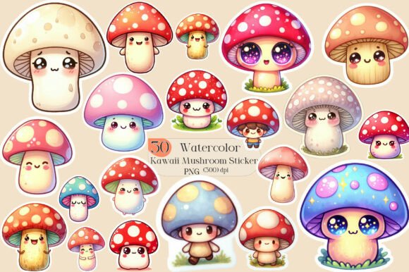 Kawaii Mushroom Stickers Clipart