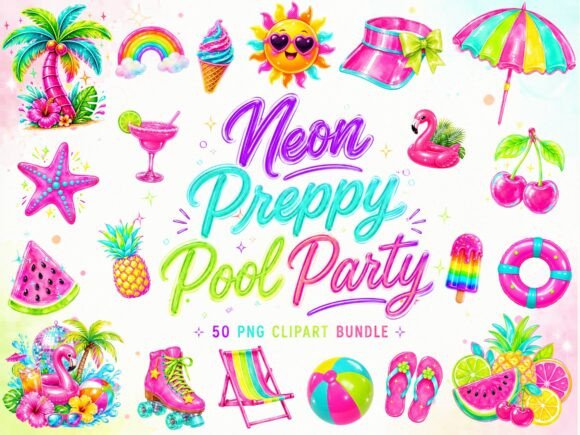 Neon Preppy Summer Clipart PNG Bundle