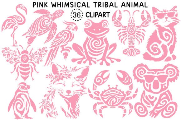 Pink Whimsical Tribal Animal PNG Bundle