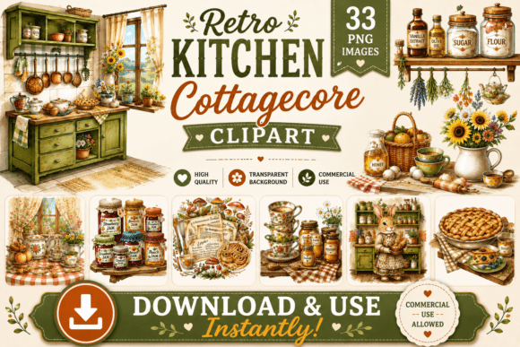 Retro Cottagecore Kitchen Clipart: Warm, Timeless Visuals for Modern Creative Work