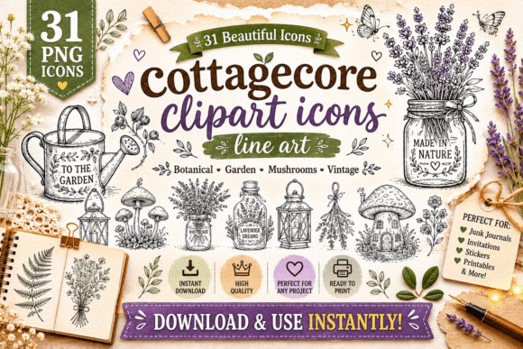 Rustic Cottagecore Line Art Icons PNG
