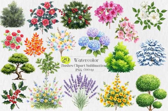 Watercolor Bushes Clipart Sublimation