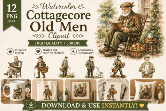 Watercolor Cottagecore Old Men Clipart