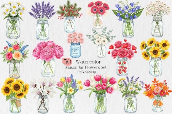 Watercolor Mason Jar Flowers Set