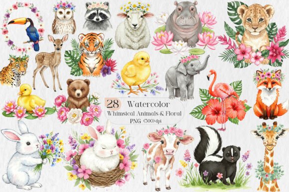 Whimsical Animals Floral Clipart