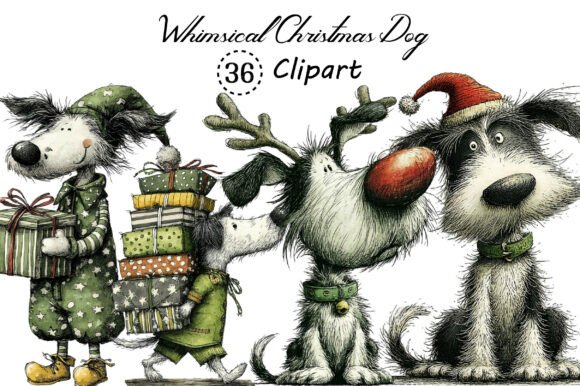 Whimsical Christmas Dogs Clipart Bundle