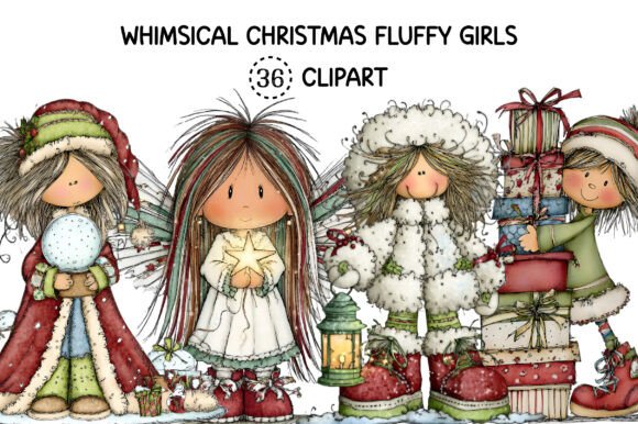 Whimsical Christmas Fluffy Girls Clipart
