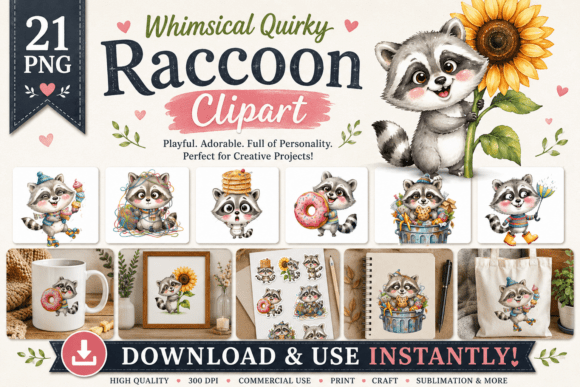 Whimsical Quirky Raccoon Clipart